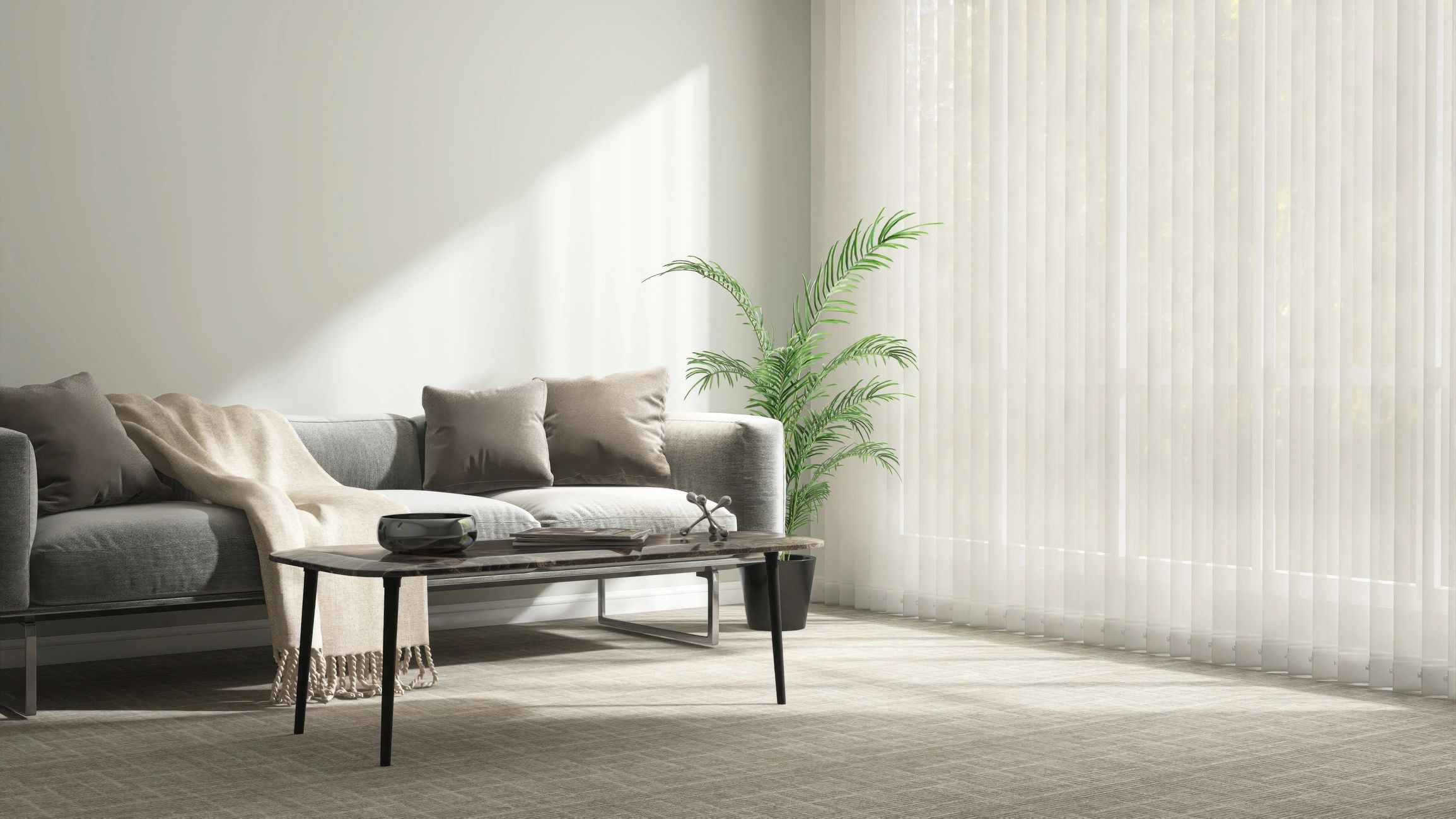 Modern living room with vertical blinds and sunlight